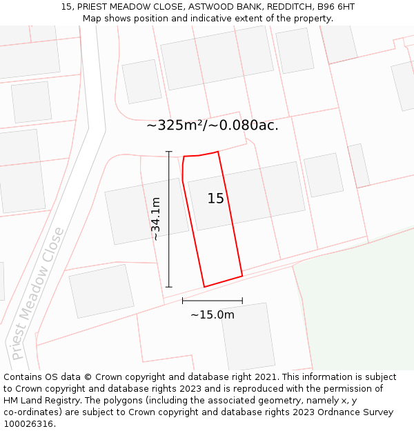 15, PRIEST MEADOW CLOSE, ASTWOOD BANK, REDDITCH, B96 6HT: Plot and title map