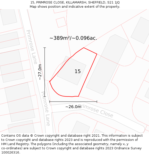 15, PRIMROSE CLOSE, KILLAMARSH, SHEFFIELD, S21 1JQ: Plot and title map