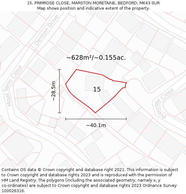 15, PRIMROSE CLOSE, MARSTON MORETAINE, BEDFORD, MK43 0UR: Plot and title map