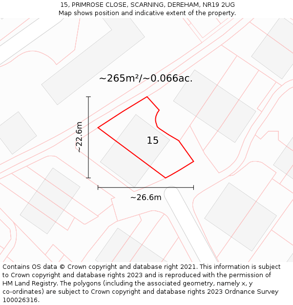 15, PRIMROSE CLOSE, SCARNING, DEREHAM, NR19 2UG: Plot and title map
