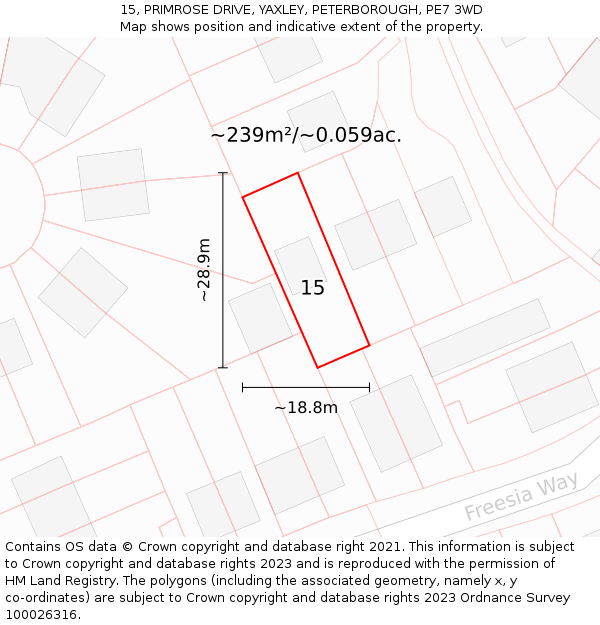 15, PRIMROSE DRIVE, YAXLEY, PETERBOROUGH, PE7 3WD: Plot and title map