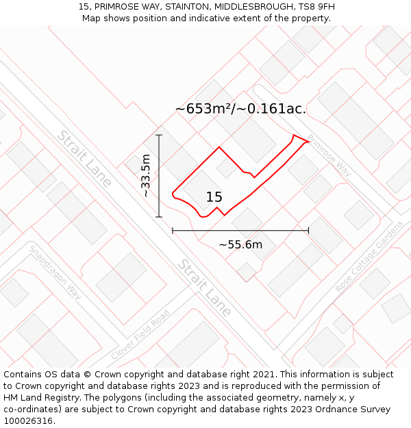 15, PRIMROSE WAY, STAINTON, MIDDLESBROUGH, TS8 9FH: Plot and title map
