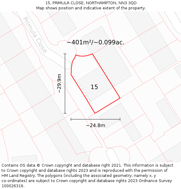 15, PRIMULA CLOSE, NORTHAMPTON, NN3 3QD: Plot and title map