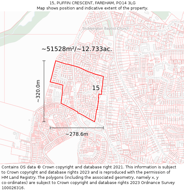 15, PUFFIN CRESCENT, FAREHAM, PO14 3LG: Plot and title map