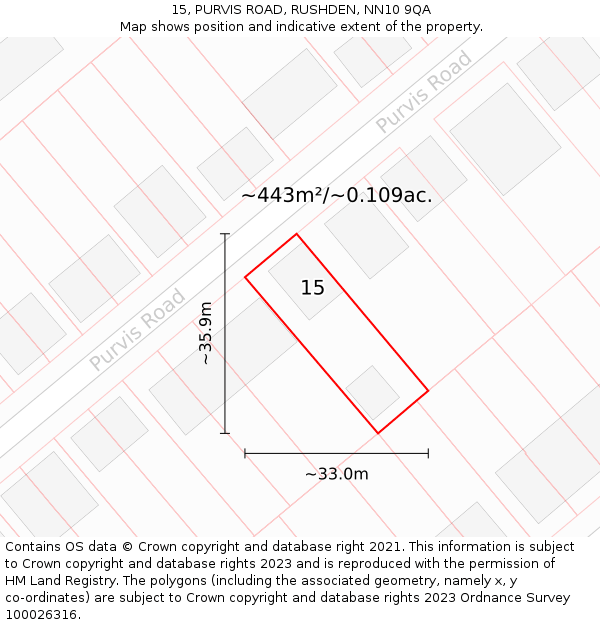15, PURVIS ROAD, RUSHDEN, NN10 9QA: Plot and title map