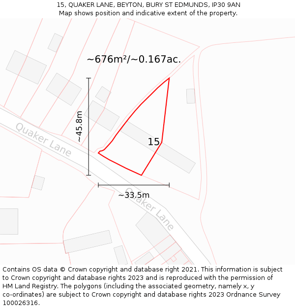 15, QUAKER LANE, BEYTON, BURY ST EDMUNDS, IP30 9AN: Plot and title map