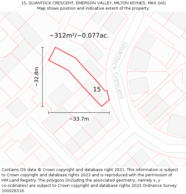15, QUANTOCK CRESCENT, EMERSON VALLEY, MILTON KEYNES, MK4 2AG: Plot and title map