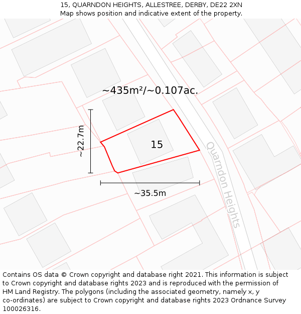 15, QUARNDON HEIGHTS, ALLESTREE, DERBY, DE22 2XN: Plot and title map