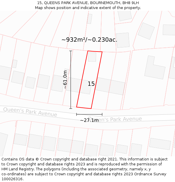 15, QUEENS PARK AVENUE, BOURNEMOUTH, BH8 9LH: Plot and title map