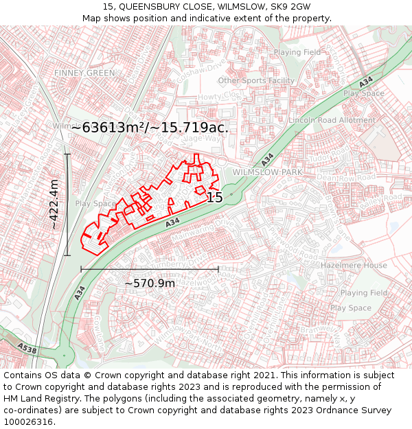 15, QUEENSBURY CLOSE, WILMSLOW, SK9 2GW: Plot and title map