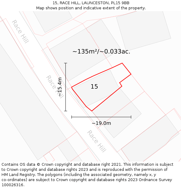 15, RACE HILL, LAUNCESTON, PL15 9BB: Plot and title map