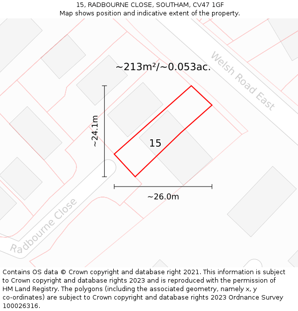 15, RADBOURNE CLOSE, SOUTHAM, CV47 1GF: Plot and title map