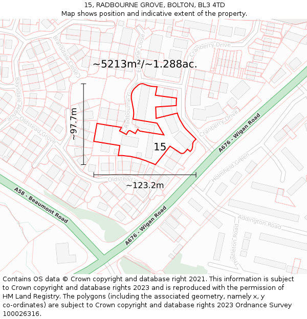 15, RADBOURNE GROVE, BOLTON, BL3 4TD: Plot and title map