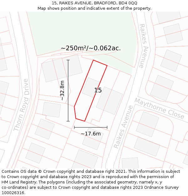 15, RAIKES AVENUE, BRADFORD, BD4 0QQ: Plot and title map