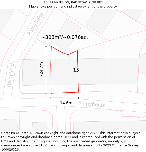 15, RAINYFIELDS, PADSTOW, PL28 8EZ: Plot and title map