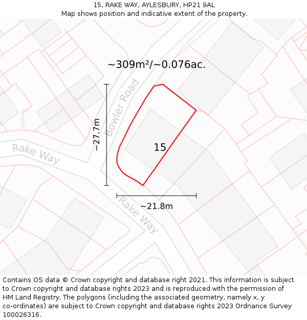 15, RAKE WAY, AYLESBURY, HP21 9AL: Plot and title map