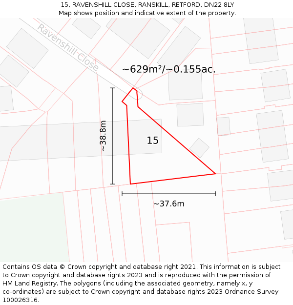 15, RAVENSHILL CLOSE, RANSKILL, RETFORD, DN22 8LY: Plot and title map