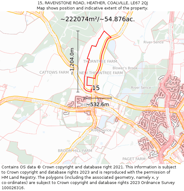 15, RAVENSTONE ROAD, HEATHER, COALVILLE, LE67 2QJ: Plot and title map