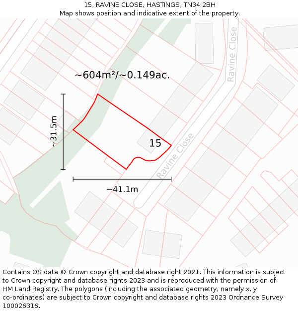 15, RAVINE CLOSE, HASTINGS, TN34 2BH: Plot and title map