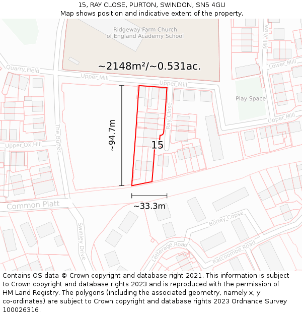 15, RAY CLOSE, PURTON, SWINDON, SN5 4GU: Plot and title map