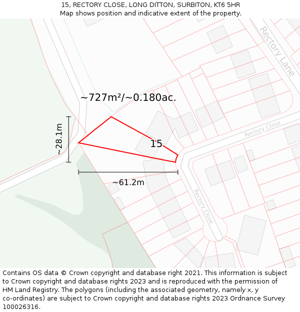 15, RECTORY CLOSE, LONG DITTON, SURBITON, KT6 5HR: Plot and title map