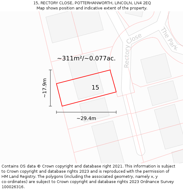 15, RECTORY CLOSE, POTTERHANWORTH, LINCOLN, LN4 2EQ: Plot and title map