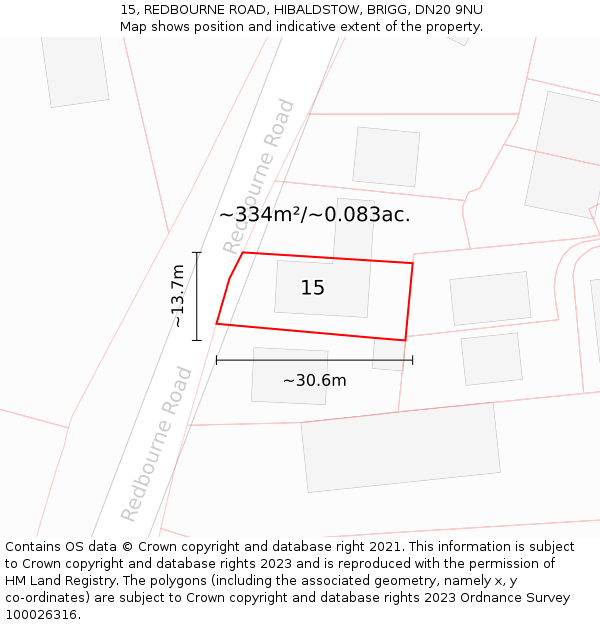 15, REDBOURNE ROAD, HIBALDSTOW, BRIGG, DN20 9NU: Plot and title map