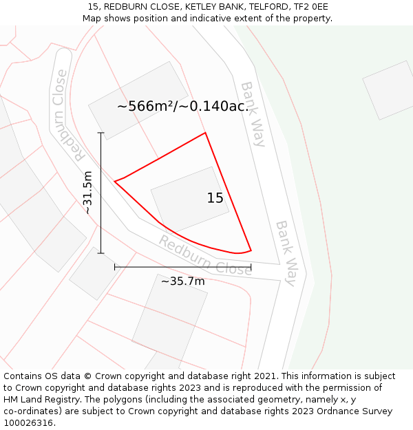 15, REDBURN CLOSE, KETLEY BANK, TELFORD, TF2 0EE: Plot and title map