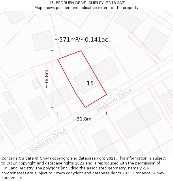 15, REDBURN DRIVE, SHIPLEY, BD18 3AZ: Plot and title map