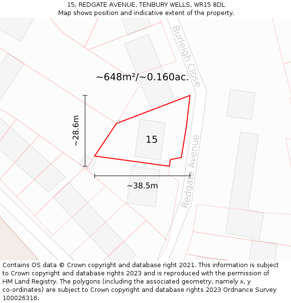 15, REDGATE AVENUE, TENBURY WELLS, WR15 8DL: Plot and title map