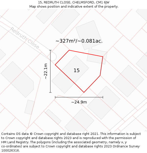 15, REDRUTH CLOSE, CHELMSFORD, CM1 6JW: Plot and title map