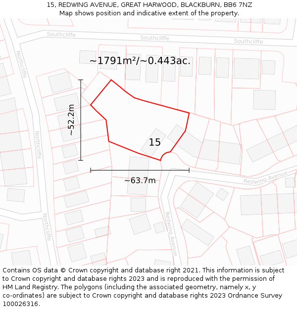 15, REDWING AVENUE, GREAT HARWOOD, BLACKBURN, BB6 7NZ: Plot and title map