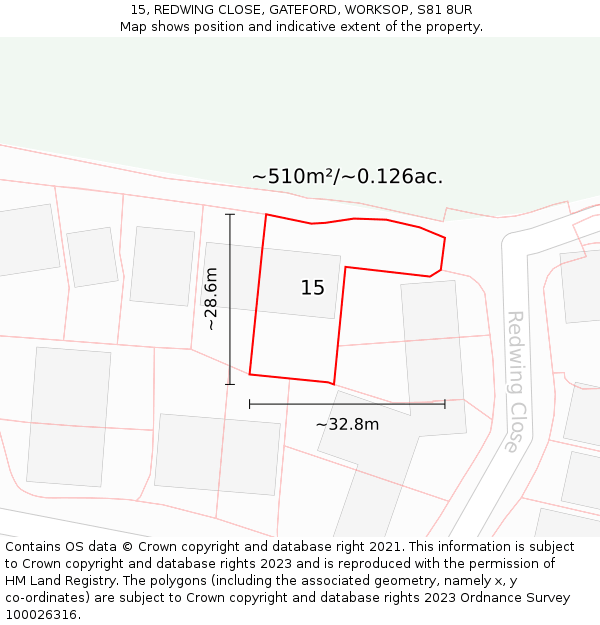 15, REDWING CLOSE, GATEFORD, WORKSOP, S81 8UR: Plot and title map