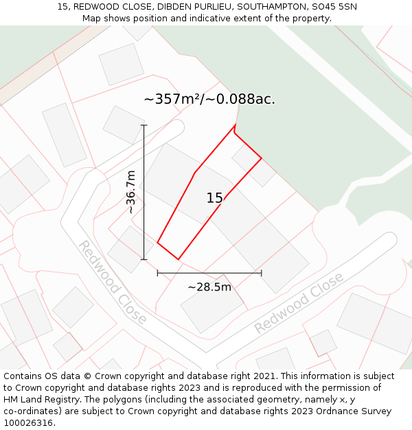 15, REDWOOD CLOSE, DIBDEN PURLIEU, SOUTHAMPTON, SO45 5SN: Plot and title map