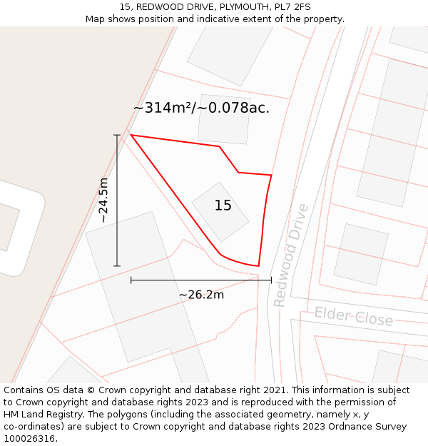 15, REDWOOD DRIVE, PLYMOUTH, PL7 2FS: Plot and title map