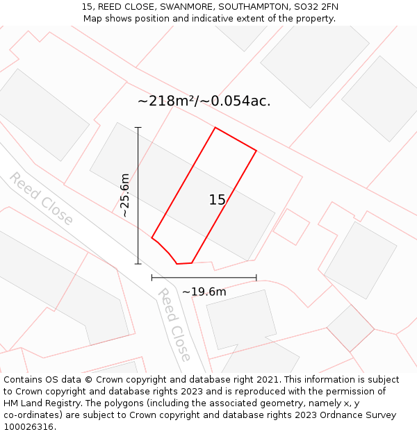 15, REED CLOSE, SWANMORE, SOUTHAMPTON, SO32 2FN: Plot and title map