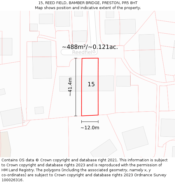 15, REED FIELD, BAMBER BRIDGE, PRESTON, PR5 8HT: Plot and title map