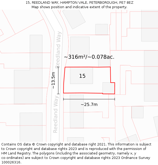 15, REEDLAND WAY, HAMPTON VALE, PETERBOROUGH, PE7 8EZ: Plot and title map