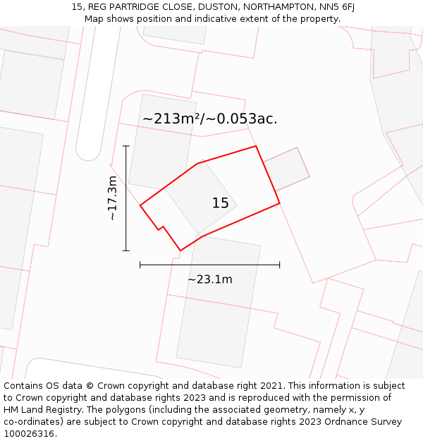 15, REG PARTRIDGE CLOSE, DUSTON, NORTHAMPTON, NN5 6FJ: Plot and title map