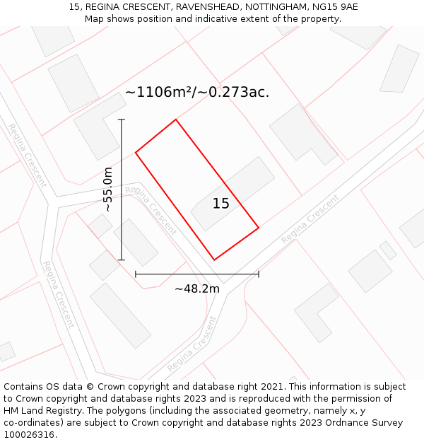 15, REGINA CRESCENT, RAVENSHEAD, NOTTINGHAM, NG15 9AE: Plot and title map