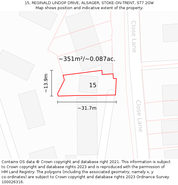 15, REGINALD LINDOP DRIVE, ALSAGER, STOKE-ON-TRENT, ST7 2GW: Plot and title map