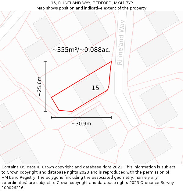 15, RHINELAND WAY, BEDFORD, MK41 7YP: Plot and title map