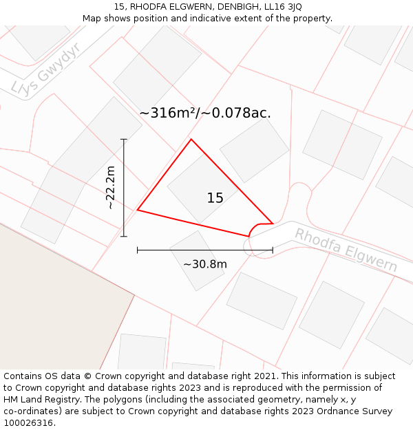 15, RHODFA ELGWERN, DENBIGH, LL16 3JQ: Plot and title map