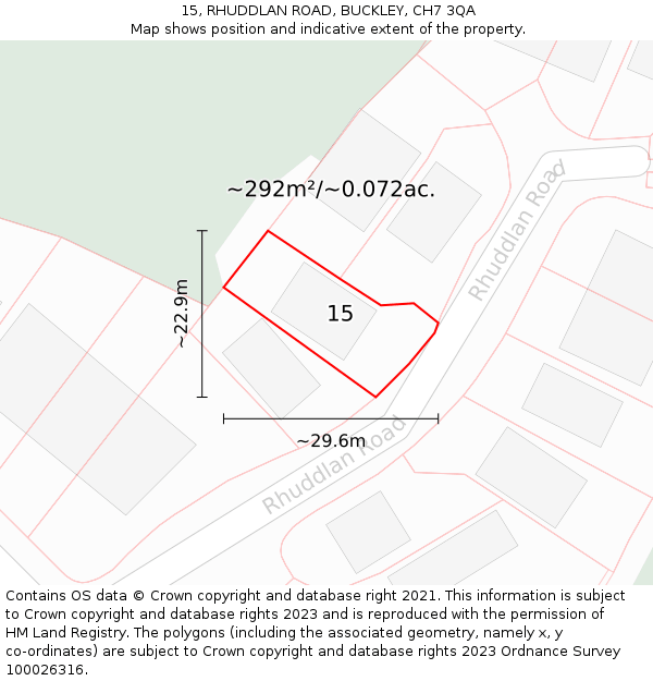 15, RHUDDLAN ROAD, BUCKLEY, CH7 3QA: Plot and title map