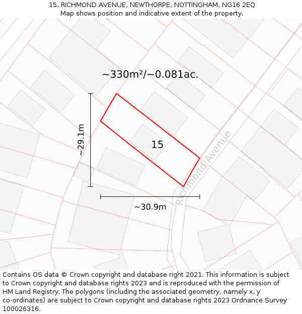 15, RICHMOND AVENUE, NEWTHORPE, NOTTINGHAM, NG16 2EQ: Plot and title map