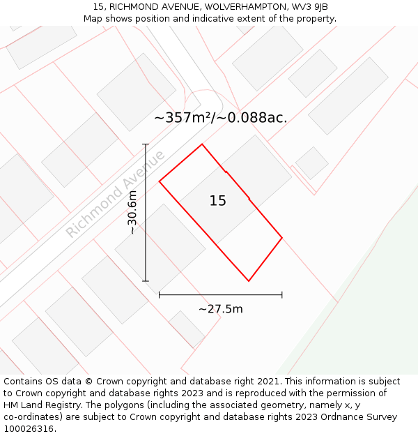 15, RICHMOND AVENUE, WOLVERHAMPTON, WV3 9JB: Plot and title map