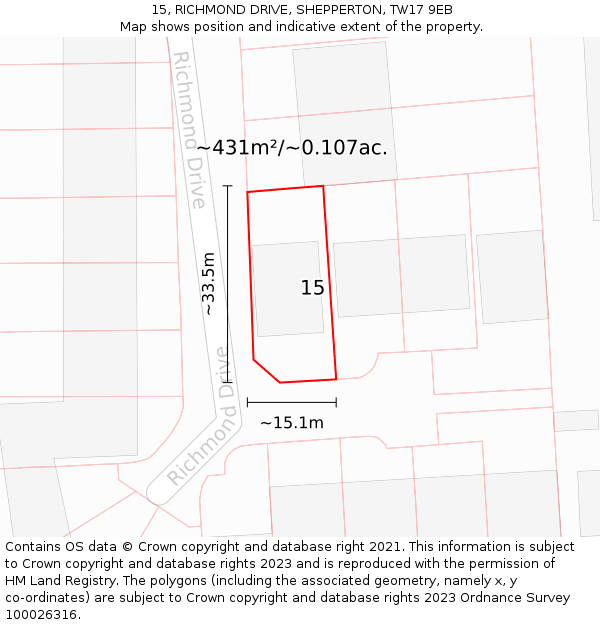 15, RICHMOND DRIVE, SHEPPERTON, TW17 9EB: Plot and title map