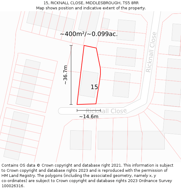 15, RICKNALL CLOSE, MIDDLESBROUGH, TS5 8RR: Plot and title map