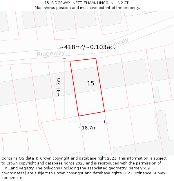 15, RIDGEWAY, NETTLEHAM, LINCOLN, LN2 2TL: Plot and title map