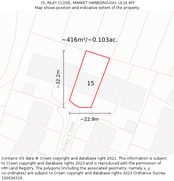 15, RILEY CLOSE, MARKET HARBOROUGH, LE16 9FF: Plot and title map